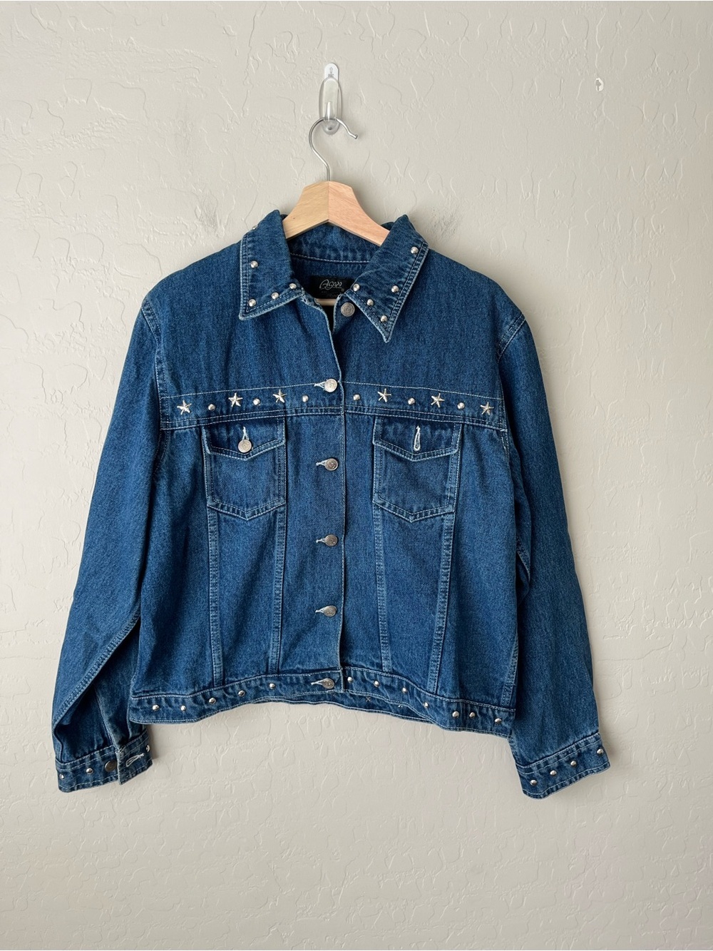 Vintage 80s Star Rivets Western Boho Denim Jean Jacket Size Large Medium Wash - Picture 2 of 5